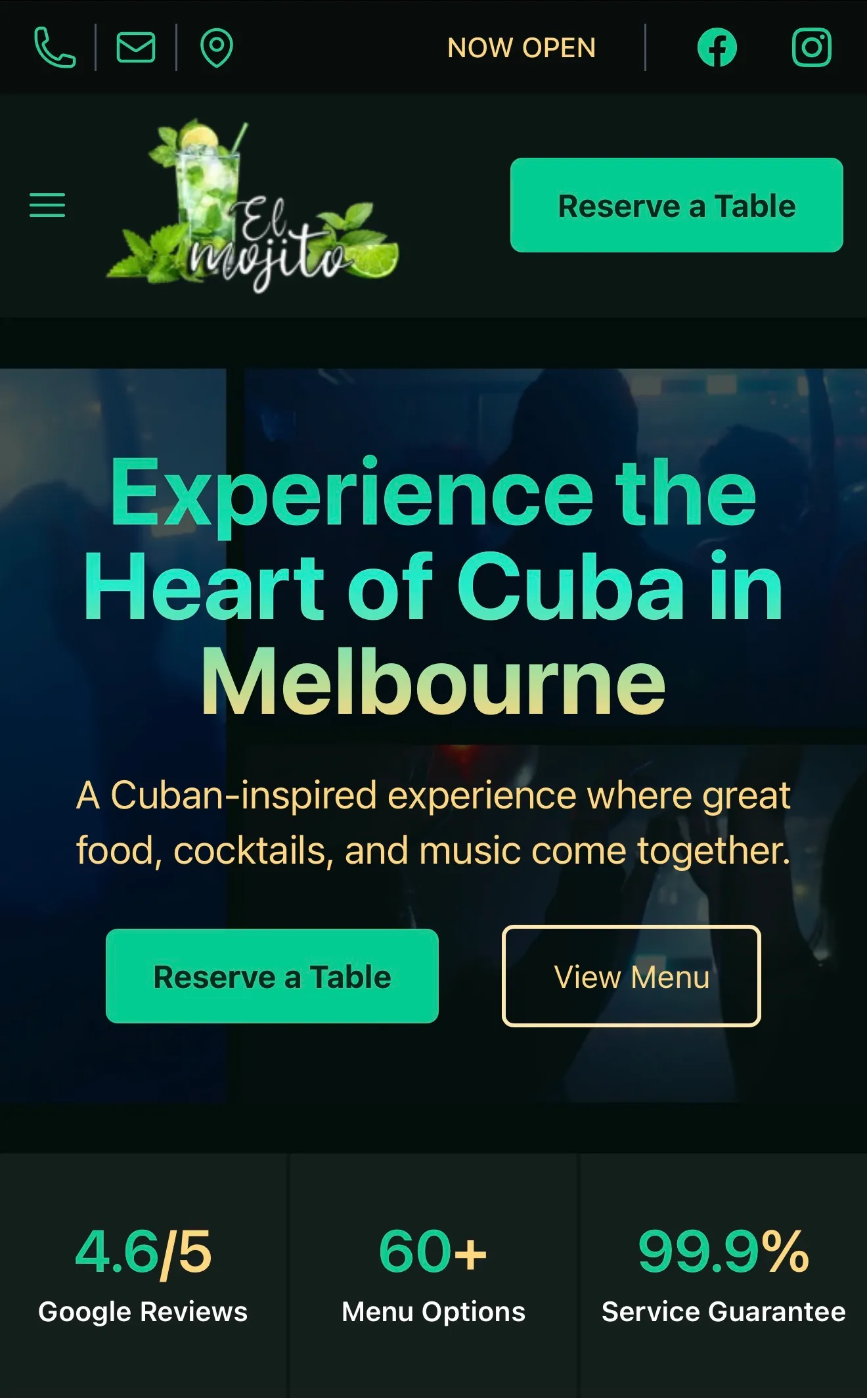 Captura de pantalla del sitio web de El Mojito Restaurant