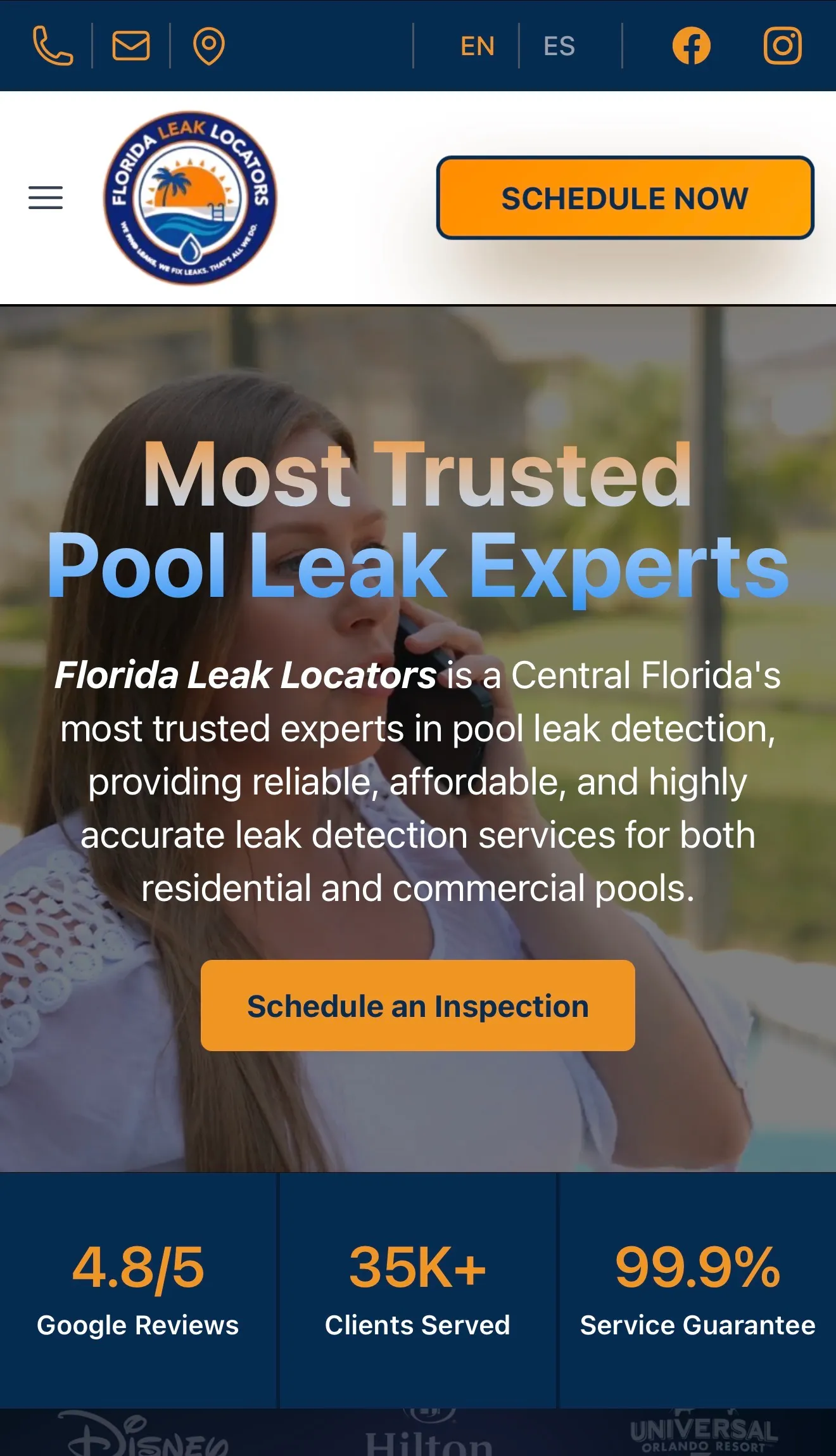 Captura de pantalla del sitio web de Florida Leak Locators